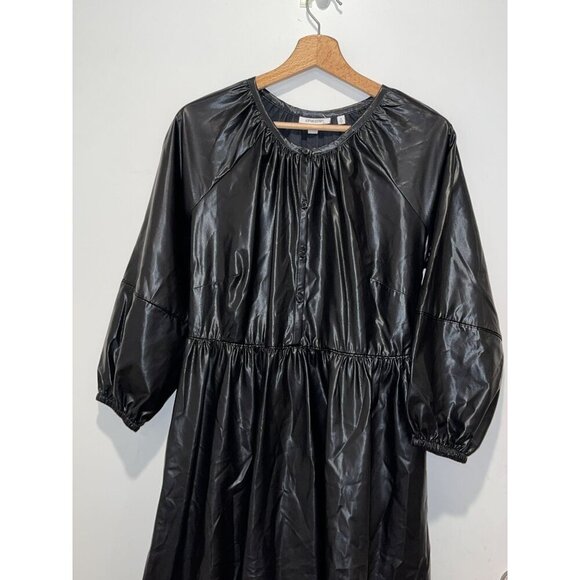 Chico's Black Faux Leather 3/4 Sleeve Pleather Tiered Midi Dress Women's Size 4 - Picture 4 of 9